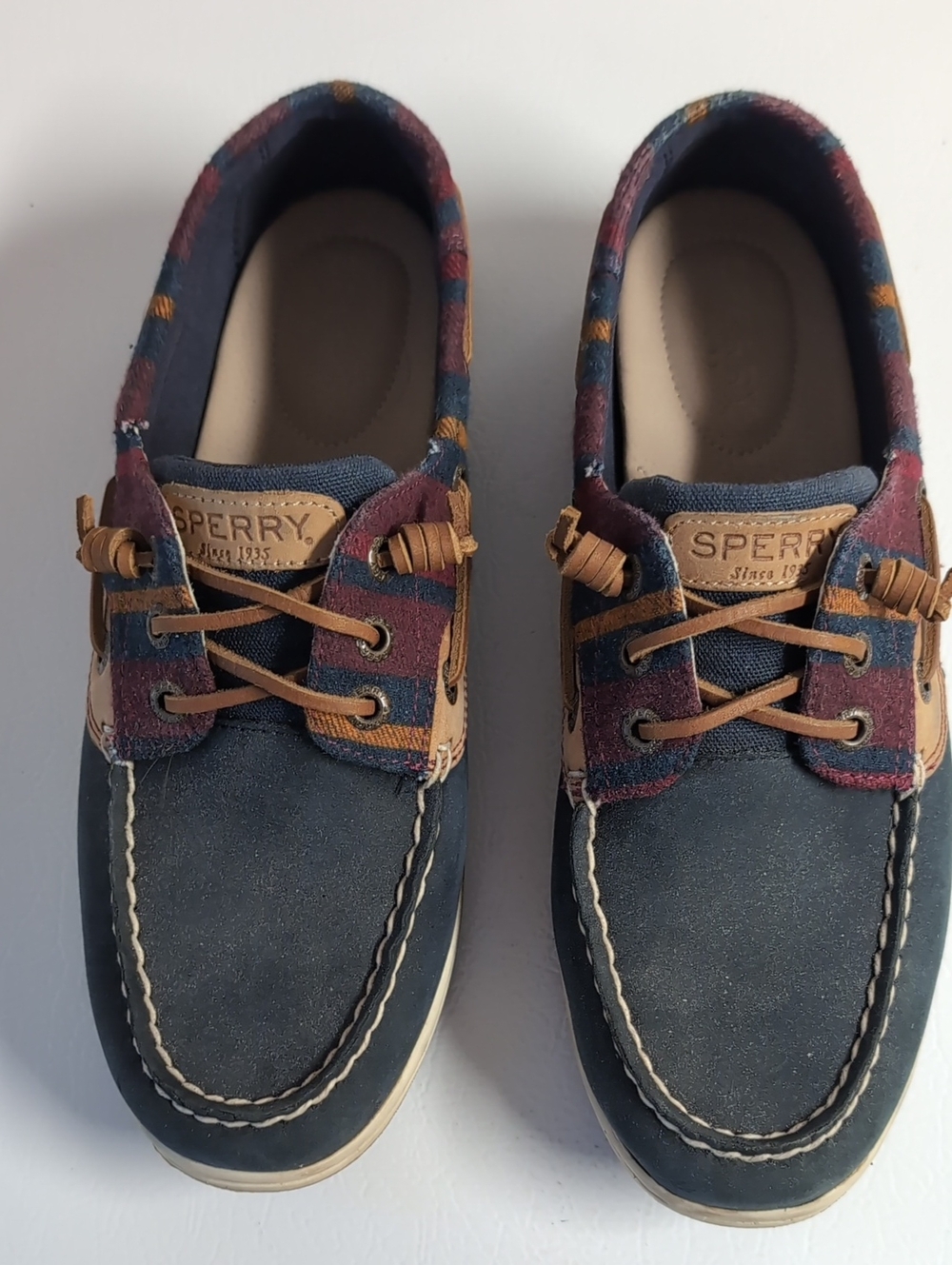 Sperry Navy Boat Shoes with Burgundy Plaid Trim